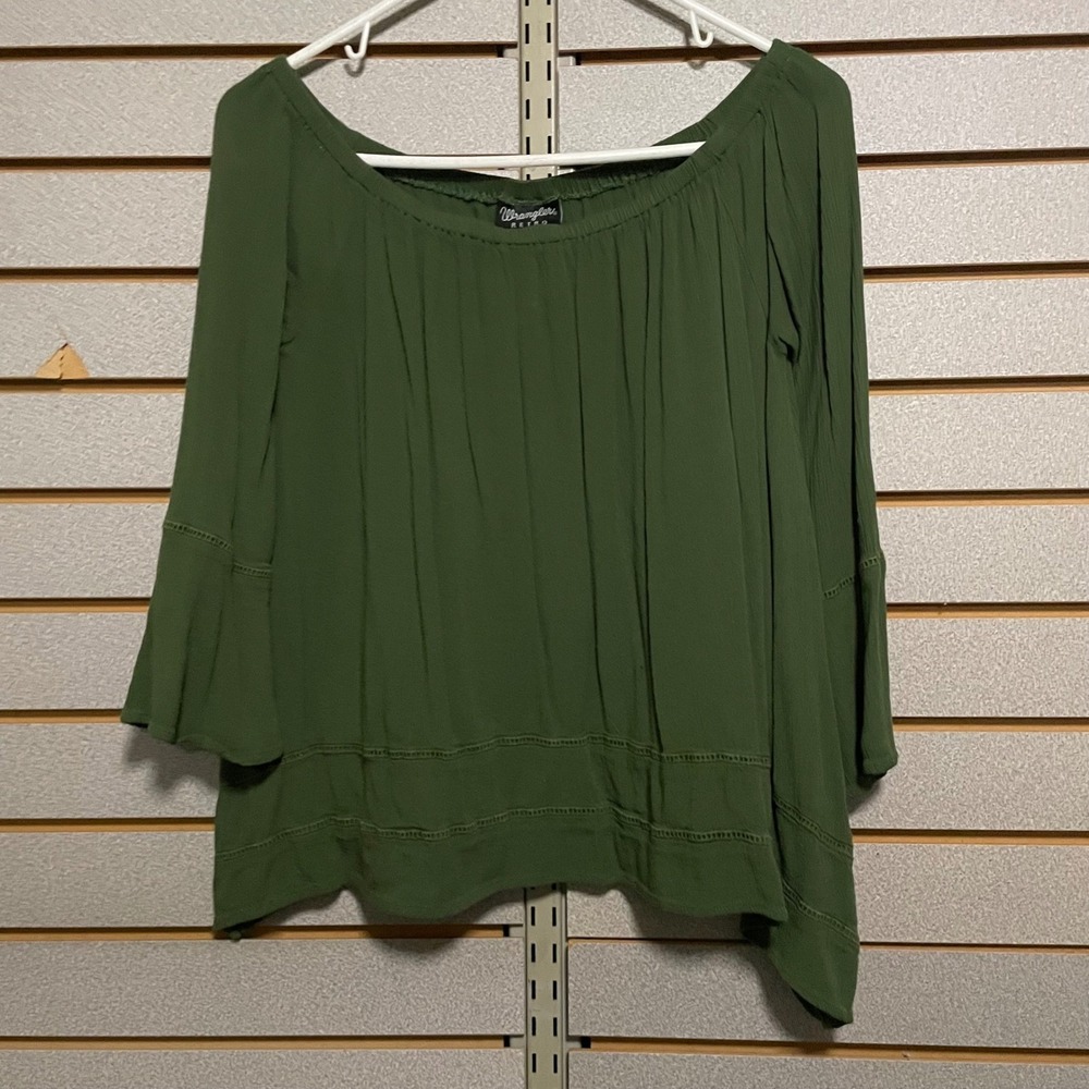 Wrangler Retro Womens Olive Green Off Shoulder Bell Sleeve‎ Peasant Top M Boho